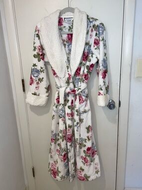 Charter Club Intimates floral print plush robe white faux fur trim collar sz PM